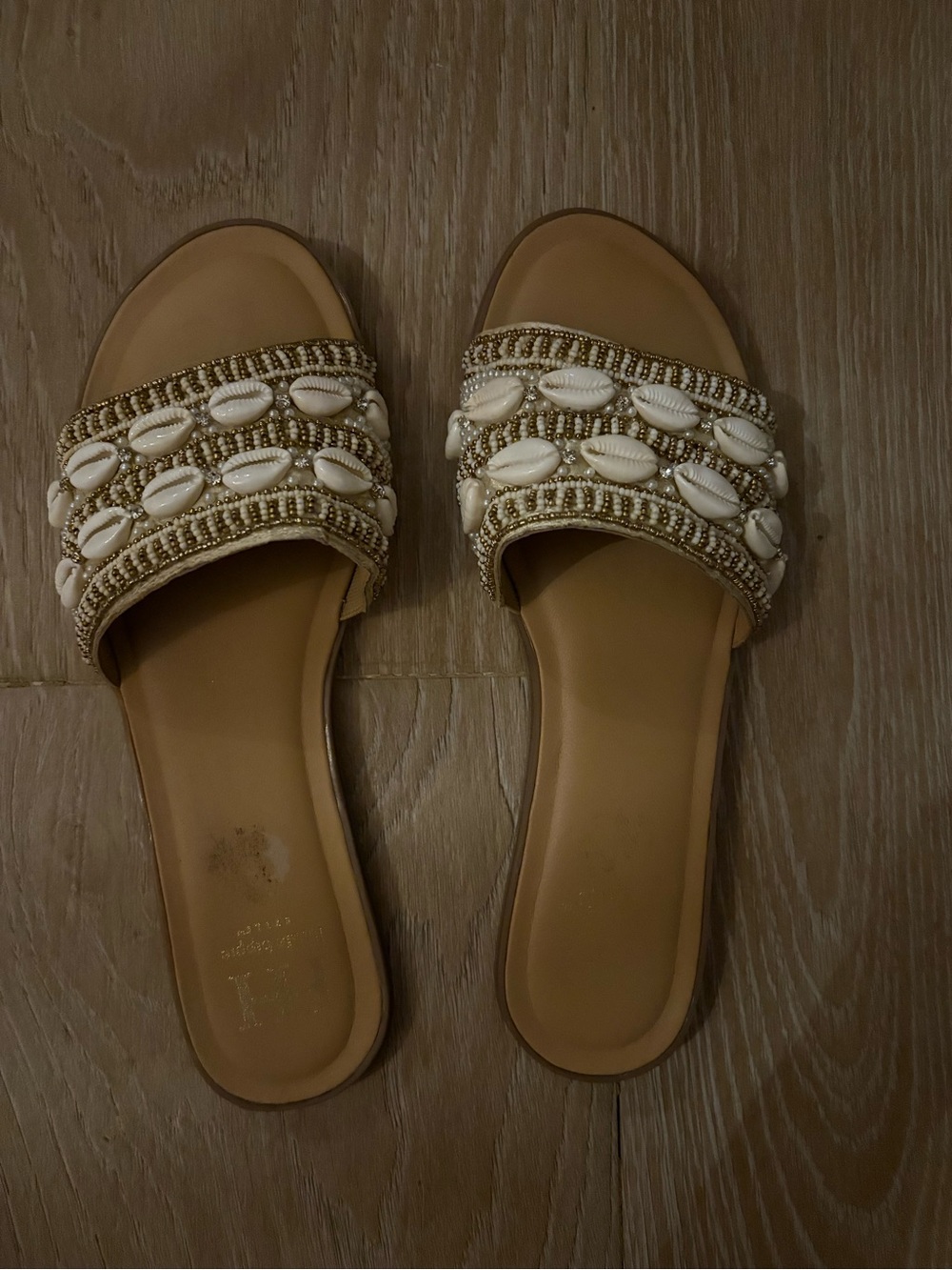 Haute Hippie Tan Slide Sandals with White Shell Bead Trim